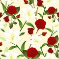 Red Rose and White Lily Flower Seamless Christmas Beige Ivory Background. Vector Illustration Royalty Free Stock Photo