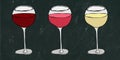 Red, Rose and White Vine in a Glass. Black Board Background and Chalk. Hand Drawn Vector Illustration. Savoyar Doodle Style.