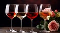 Red rose and white wine in glasses. Generative AI Royalty Free Stock Photo