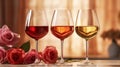 Red rose and white wine in glasses. Generative AI Royalty Free Stock Photo