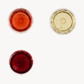 Red, rose and white wine top view. Winery, degustation concept Royalty Free Stock Photo
