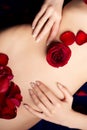 Red rosebud and petals on female's skin Royalty Free Stock Photo