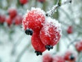 Red rosehip berries in winter frost Royalty Free Stock Photo
