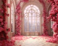 Red roses are all around the door and window of the pink castle. Royalty Free Stock Photo