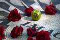 Red roses and an apple with writings on the paving stones outdoors