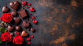 Red Roses and Assorted Dark Chocolate Hearts on Dark Background Royalty Free Stock Photo