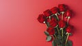 Red roses on red background. Valentines day greeting card. Top view. Generative AI Royalty Free Stock Photo