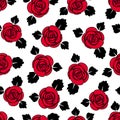 Red roses and black leafs cartoon vector illustration, over white background, seamless pattern. Royalty Free Stock Photo