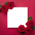 Red roses and blank paper note on red background Royalty Free Stock Photo