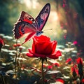 Red roses are blooming in the garden. A butterfly is holding on to a flower. It is beautiful nature. AI Jenerator images. Royalty Free Stock Photo