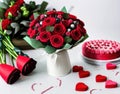 Red roses bouquet, cake and cookies on white table. Generative AI image Royalty Free Stock Photo