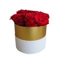 Red roses bouquet in a white and gold round gift box Royalty Free Stock Photo