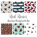 Red roses bouquets pattern set, red roses collection, and vector, skyblue background, stripes background, illustration with tiny b Royalty Free Stock Photo