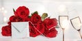 Red roses with champagne and love letter