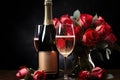 Red roses and champagne for a special occasion, valentine, dating and love proposal image Royalty Free Stock Photo