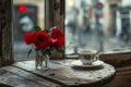 red roses and coffee cup on the tabel in old retro cafe. brown and gray colors