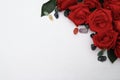 Red roses with colourful pebbles on a white background.