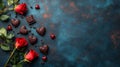 Red Roses and Dark Chocolate Hearts on Blue Background Royalty Free Stock Photo