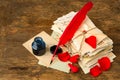 Red roses and feather quill Royalty Free Stock Photo