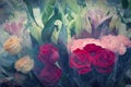 Red roses flowers bouquet in plastic wrap by pastel vintage colo Royalty Free Stock Photo