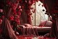 Red roses form a sensuous canopy transforming a bed into a romantic haven, valentine, dating and love proposal image