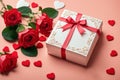 Red roses and gift box in color of the year 2024 peach fuzz.celebration concept. Greeting card. Generative AI Royalty Free Stock Photo