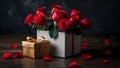 Red roses and gift box on a dark wooden surface Royalty Free Stock Photo