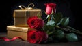 Red roses and golden gift boxes on a dark background Royalty Free Stock Photo