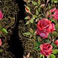 Red roses on golden ornament. Seamless pattern Royalty Free Stock Photo