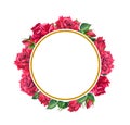 Red roses, golden round border. Watercolor round frame with flowers and gold for Valentine day