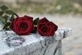 Red roses on granite tombstone outdoors, space for text. Funeral ceremony Royalty Free Stock Photo