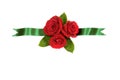 Red roses green ribbon floral banner straight horizontal