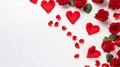 Red roses and heart petals arranged on a white backdrop, offering a top view perspective. suitable for postcards