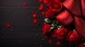 Red roses and a heart-shaped box with white dots on wooden surface, with scattered petals and golden beads, create a