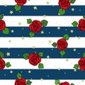 Red roses and leaves, cartoon vector illustration, over white and blue stripes and stars, background, seamless pattern Royalty Free Stock Photo