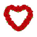 Red roses with leaves laid out in the form of heart on a white b