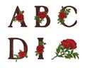 Red Roses letters. Hand draw. Vector alphabet