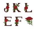 Red Roses letters. Hand draw. Vector alphabet