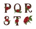 Red Roses letters. Hand draw. Vector alphabet