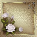 Red Roses And Lilies Flowers With Leaves And Buds On Art Deco Vintage   Patterned Background With Floral Vintage Gold Ornaments