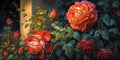 Red roses in the park, close-up. Digital horizontal painting