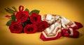 Red Roses and Patterned Silk Scarf with Red Border Royalty Free Stock Photo