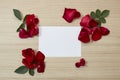 red roses petals and white blank paper Royalty Free Stock Photo