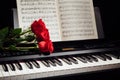 Red roses on piano keys and music book