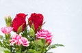 Red roses and pink carnation flowers on white mulberry paper background. Royalty Free Stock Photo