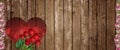Red Roses and Pink flower borders on wooden background for Valentines day. Symbols of love for Happy Women`s, Mother`s, Valentin Royalty Free Stock Photo