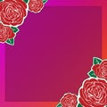 Red roses are placed on top and bottom corners on red and violet frames
