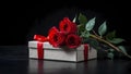 Red roses placed on top of white gift box on a dark surface Royalty Free Stock Photo