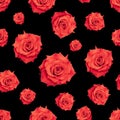 Red roses romantic fabric seamless pattern. Red flower on a black background. Vintage decorative fashion texture print on clothes