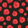 Red roses romantic fabric seamless pattern. Red flower on a dark green background. Vintage decorative fashion texture print on Royalty Free Stock Photo